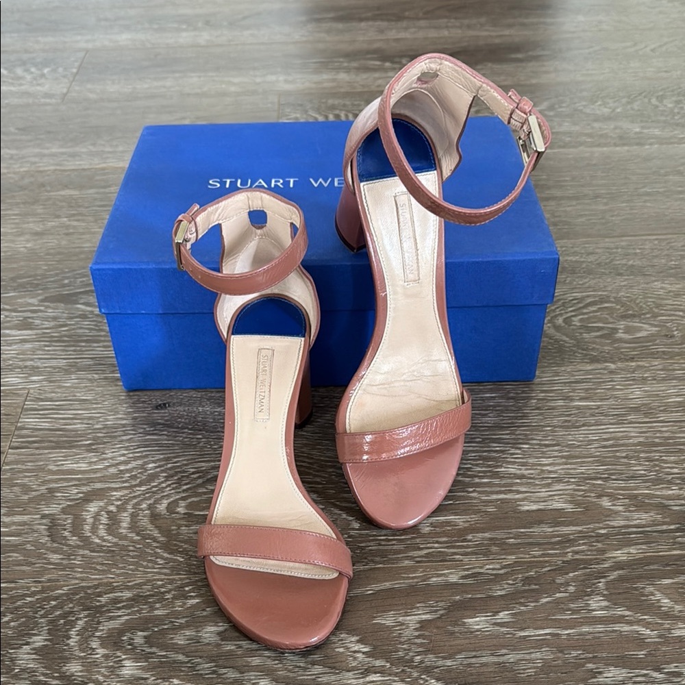 Stuart Weitzman Patent Leather Rose Clay Heeled Sandal